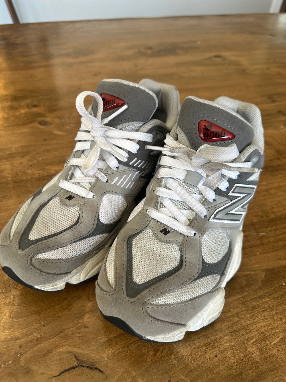New Balance Kids 9060, Gray, White & Red Accent Athletic Sneakers